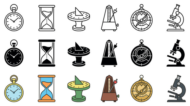 Diverse collection of time, navigation, and scientific instruments illustrated as clean, adaptable graphic icons in multiple styles.