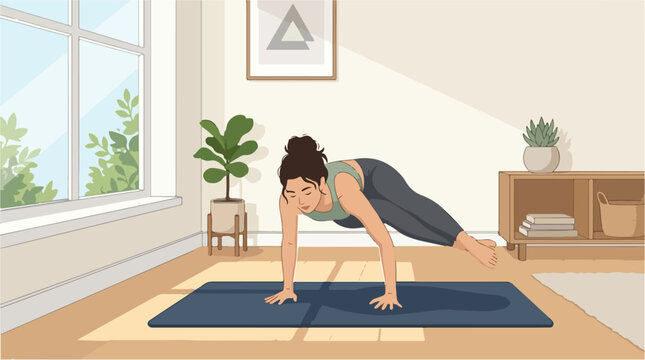 Yoga side crow pose vector illustration, woman practicing advanced arm balance on mat, healthy lifestyle and fitness concept in bright modern room