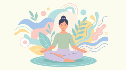 Obraz premium Zen yoga meditation woman in lotus pose, peaceful mindfulness illustration with abstract botanical shapes, calm wellness and mental health concept vector