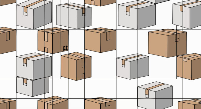 Seamless pattern with cardboard boxes on a grid background