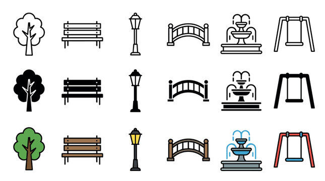 Park elements icons collection featuring trees, benches, lampposts, bridges, fountains, and swings in various outline and filled styles for design projects.