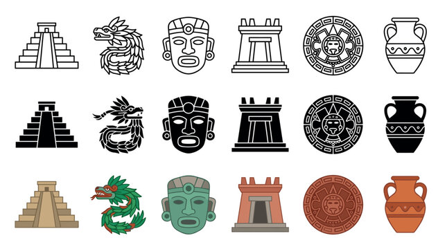 Ancient Mesoamerican civilization icons collection featuring historic pyramids, feathered serpents, ceremonial masks, sun calendars, and ancient pottery.
