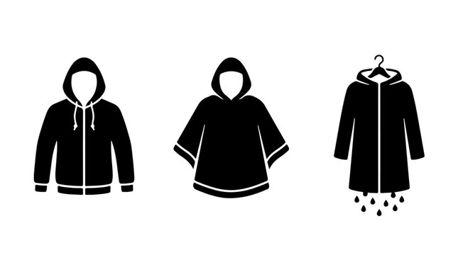 Outerwear Icon Set Representing Hoodies, Raincoats, and Ponchos in Bold Black‑and‑White Vector Style