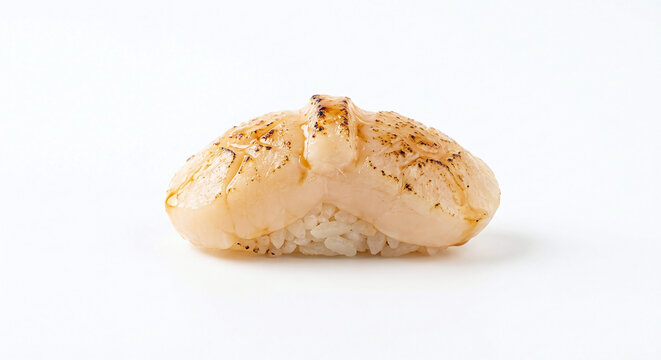 Scallop aburi nigiri sushi isolated on white background, Japanese cuisine