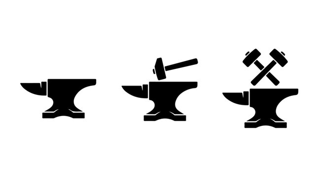 Blacksmith Icon Set Representing Craftsmanship, Forging, and Strength in Bold Black‑and‑White Vector Style