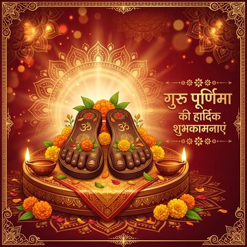 Guru Purnima Wishes Vector Illustration with Guru Charan Paduka, Om Symbol, Marigold Flowers, and Burning Diya on Decorative Mandala Background