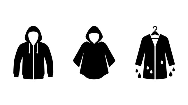 Outerwear Icon Set Representing Hoodies, Raincoats, and Ponchos in Bold Black‑and‑White Vector Style