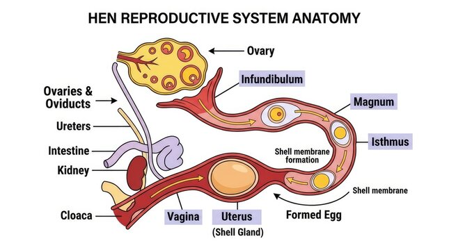 Detailed diagram illustrating the internal anatomical structures of a hen s reproductive system showing ovary oviduct magnum isthmus uterus vagina