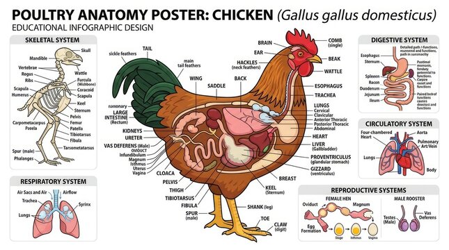 Detailed educational infographic poster displaying the internal anatomy and skeletal structure of a domestic chicken Gallus gallus domesticus for