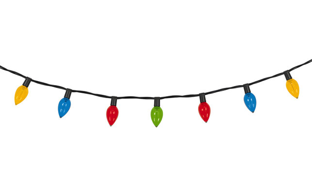 string of colorful holiday lights against a plain white background. The lights are evenly spaced along a thin black wire. Each bulb is shaped like a classic teardrop and alternates in color, including
