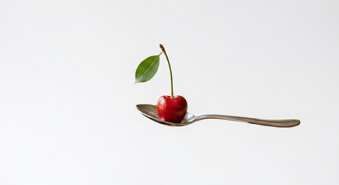 A single red cherry on a metal spoon isolated on a white background, concept of cherry picking