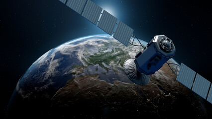 Satellite with large solar panels and dish antenna orbiting Earth above Europe. © Piotr Adamczyk