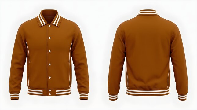 Brown varsity bomber jacket front and back view on white background for design mockups.