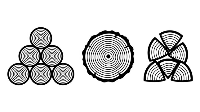 Wood and Lumber Icon Set Representing Forestry, Craftsmanship, and Natural Materials in Bold Black‑and‑White Vector Style