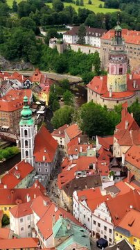 Aerial view of Cesky Krumlov Castle overlooking the historic town in the Czech Republic.