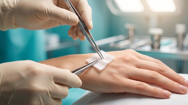 The tweezers are applying gauze to skin for a dermatological procedure in the wound healing problems concept, professional surgery room photography