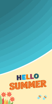 Hello Summer. Vertical Banner design with illustration of blue sea sunny weather