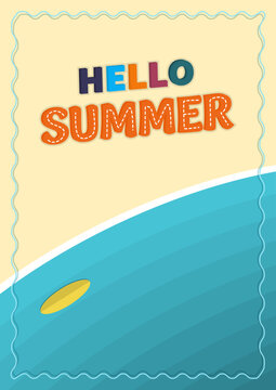 Hello Summer. Poster design with illustration of blue sea and sunny beach