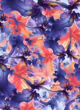 Vibrant tropical seamless pattern with purple iris and orange hibiscus flowers