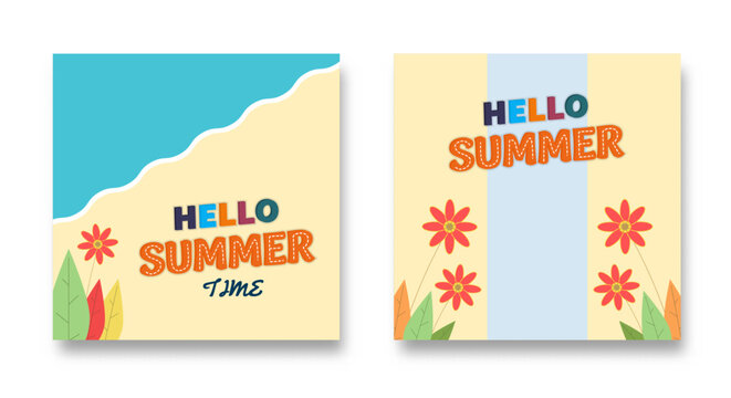 Hello Summer. Social Media design with flat style blue sea illustration