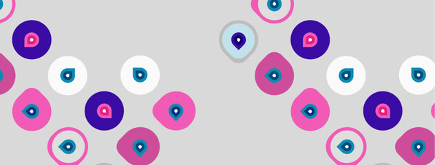 Fototapeta premium Abstract pattern features colorful eyes, circles, dots. Background is light gray. Design appears playful, modern.