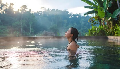 Fototapeta premium Young woman relaxing in a steaming infinity pool surrounded by tropical jungle at sunrise.