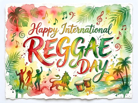 Happy International Reggae Day watercolor illustration with dancing people, tropical palm leaves, lion, drums, and sunset beach scene. Celebratory music festival art.