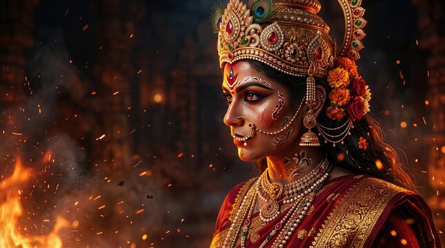 Durga puja celebration goddess durga in traditional attire with fireworks