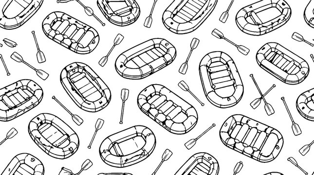 Black and white illustration of rafts and paddles pattern.