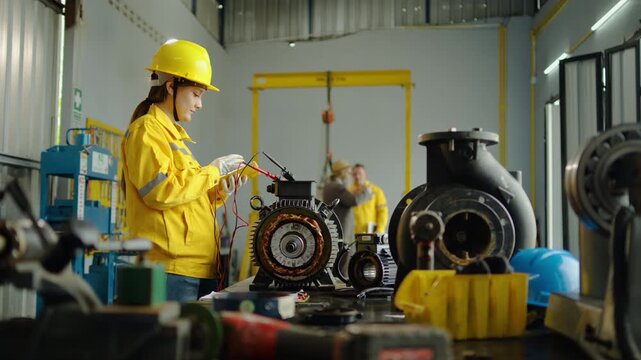 Female engineer in a yellow hard hat uses a digital multimeter to test an electric motor inside an industrial workshop, performing routine quality control and maintenance on factory equipment.