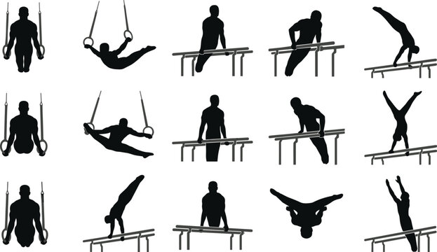 Gymnastics and Calisthenics Athlete Silhouette Icon Set Featuring Vector Illustration of Male Gymnast Performing on Still Rings and Parallel Bars
