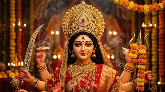 Durga puja festival majestic goddess durga idol with ornate jewelry and traditional indian decorations