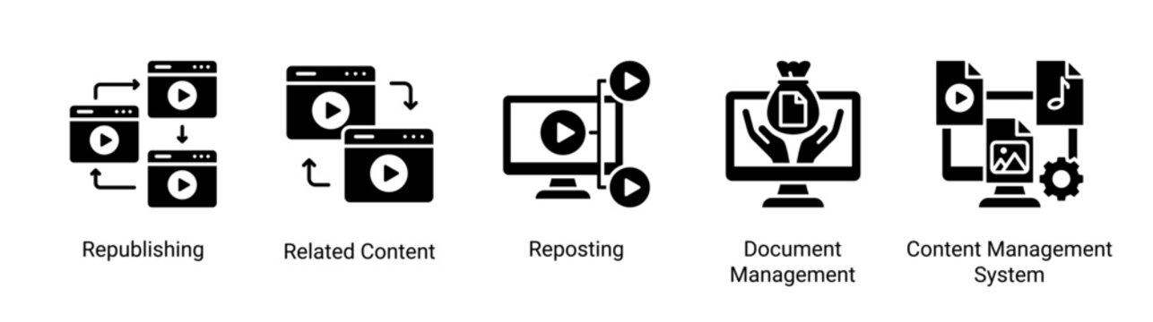 Content Delivery icon set featuring content distribution,reuse,and document organization across digital platforms.