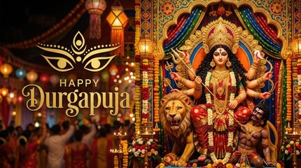 Fototapeta premium Vibrant durga puja celebration with goddess durga statue and traditional decorations