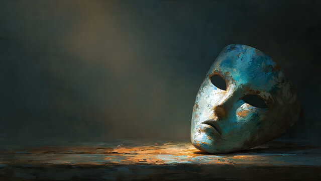 A weathered blue theatrical mask resting on a textured surface