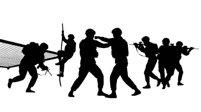Silhouette group of soldiers fighting with weapons isolated on transparent background, Vector