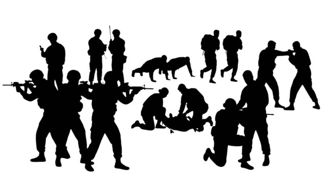 Silhouettes of police officers and dog in action isolated on transparent background, Vector