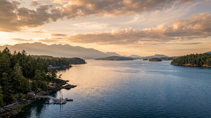 Fototapeta premium scenic mountain landscape with lake and small boat pier at sunset