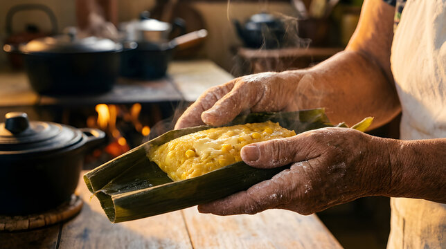 Elderly Hands Holding Hot Traditional Steaming Pamonha Over a Rustic Wood Stove