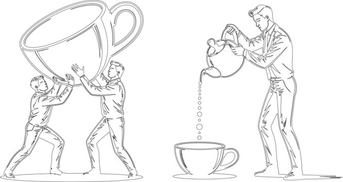Two different scenes showing men interacting with oversized cups and pouring beverages