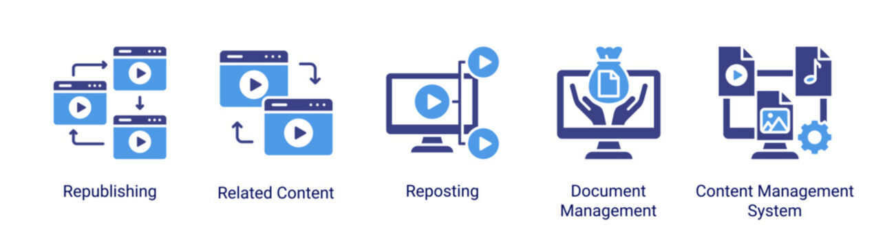 Content Delivery icon set featuring content distribution,reuse,and document organization across digital platforms.