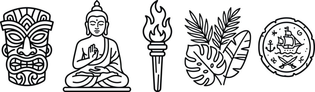 Tropical Adventure and Cultural Icon Set Featuring Vector Line Art Illustration of Hawaiian Tiki Mask Buddha Statue Burning Torch Palm Leaves and Pirate Treasure Gold Coin