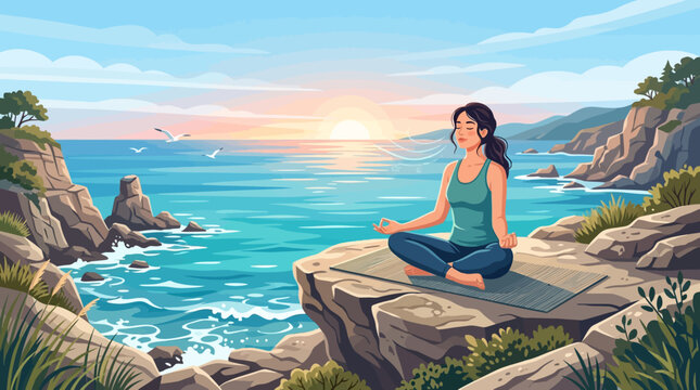 Woman meditating peacefully by ocean cliffs at sunrise, finding calm and mindfulness