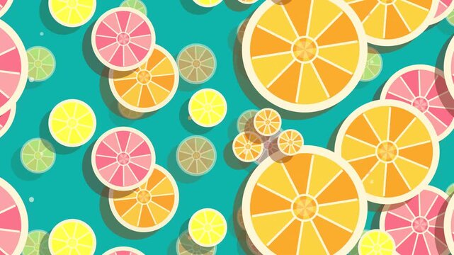Flat Design Citrus Slices Floating and Rotating Seamless Loop Animation