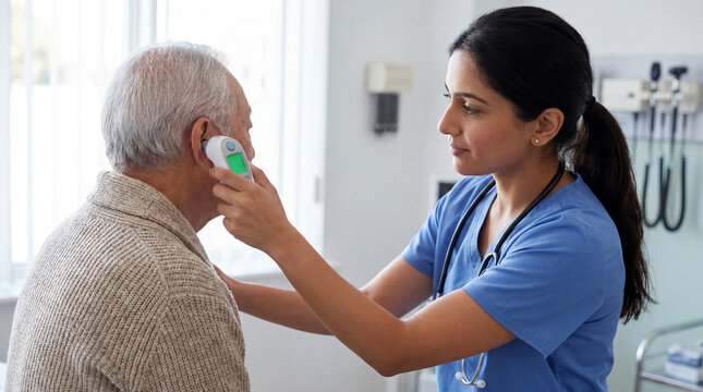 Healthcare professional taking temperature of senior patient, checking health during medical examination at clinic