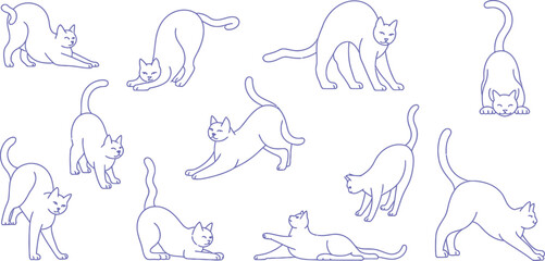 Cat, yoga, feline, illustrations, set, blue, line art, animal, poses, stretching © mafia009