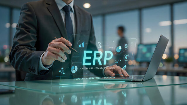 Businessman using laptop with digital erp software interface in a modern office