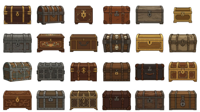 Collection of Vintage Wooden Treasure Chests, Pixel Art Style
