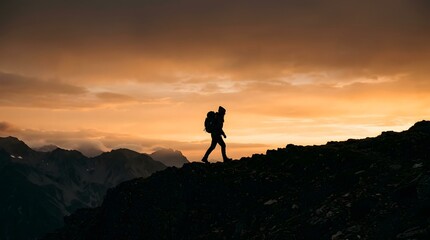 Obraz premium A silhouette of a lone hiker with a backpack walking along a rocky mountain ridge during a dramatic golden sunset with orange clouds filling the sky above the dark, rugged mountain peaks