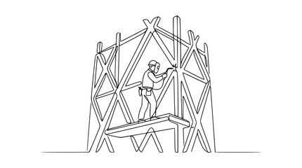 Fototapeta premium Construction worker welding on a modern geometric building structure, line art style